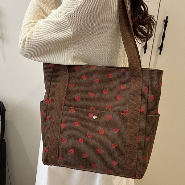 Laid-back style large-capacity corduroy strawberry bag, women's Instagram Korean version Harajuku single-shoulder bag, student tote bag for class details Picture