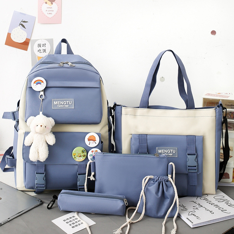 New ins schoolbag for girls, Korean version Harajuku style, large-capacity backpack, five-piece backpack set for girls, junior high school, senior high school and college students full figure