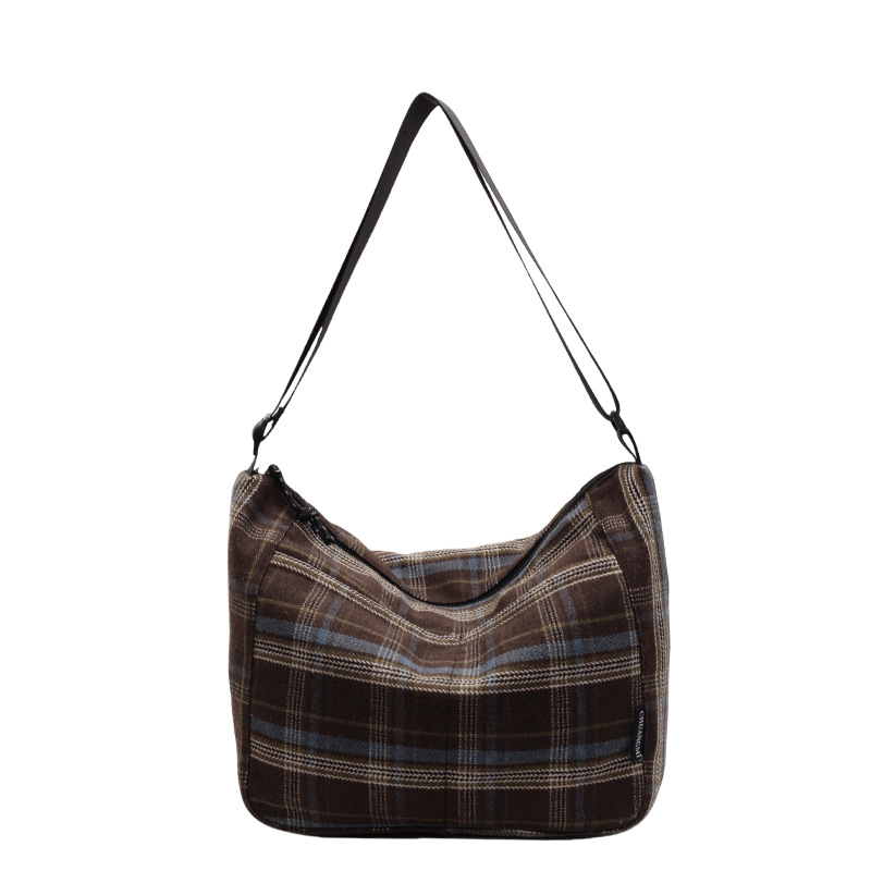 2024 New style woolen crossbody bag, simple checkered college style, large-capacity tote bag, versatile single-shoulder bag Item Picture