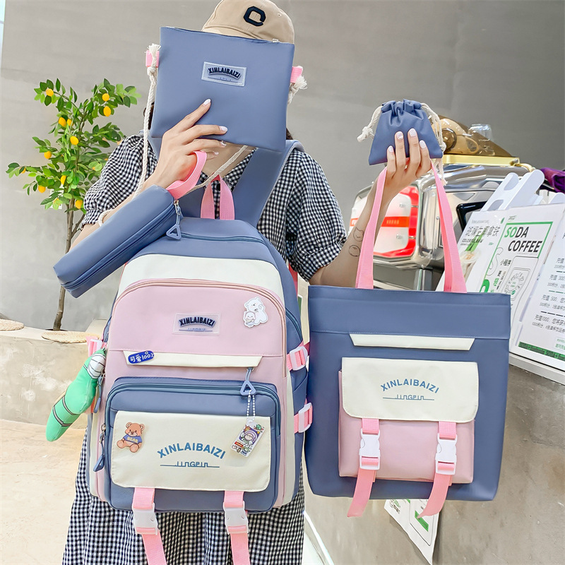 Schoolbag, birthday backpack for primary and junior high school students, large-capacity fashionable travel bag for girls, Korean version five-piece set bag details Picture