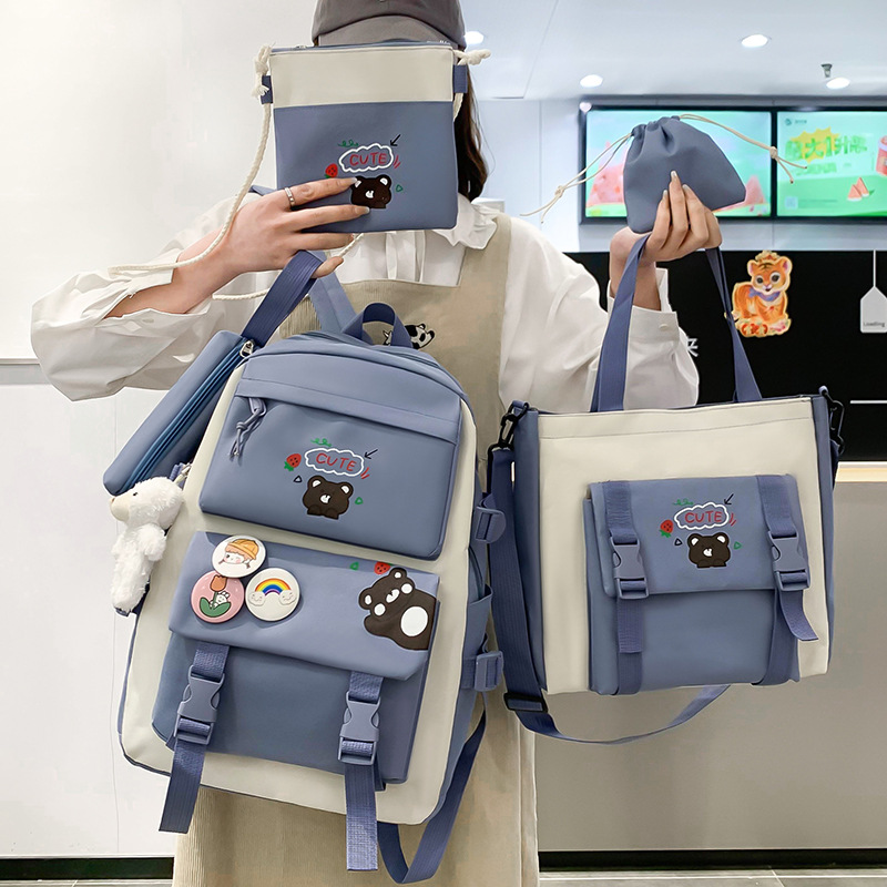 New casual backpack, cute schoolbag for primary and junior high school students, simple five-piece backpack set in Harajuku on Instagram full figure