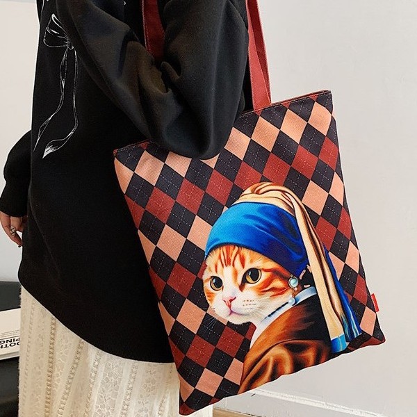 Cartoon single-shoulder fashionable shoulder bag, student tote bag, universal printed cute cat bag, internet-famous handbag, Korean version bag Specification drawing