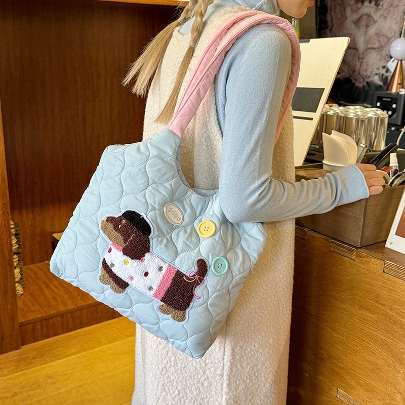 A niche design with a laid-back style student class backpack, a cute embroidered puppy color-blocking single-shoulder bag, and a large-capacity tote bag full figure