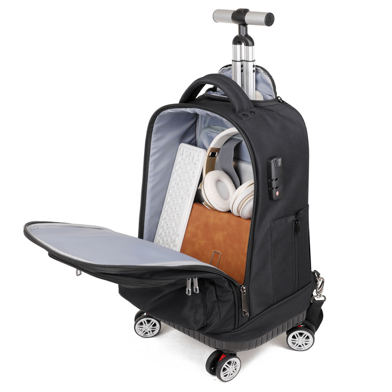 Business backpack with handle, swivel wheels, combination lock, travel bag, large capacity, wear-resistant and water-resistant, Oxford cloth backpack Item Picture