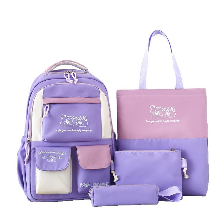 Wholesale of new cross-border student schoolbags for women, large-capacity multi-functional backpacks with contrasting colors and fashionable multi-piece sets Item Picture
