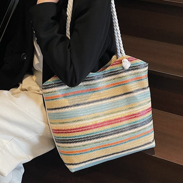 Large-capacity straw woven bag 2025 Summer new style woven beach hand bill shoulder bag, colorful striped casual tote bag full figure