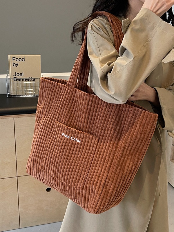 Retro corduroy single-shoulder bag for women, versatile and casual, corduroy hand-held large-capacity tote bag, fashionable commuting and school bag full figure