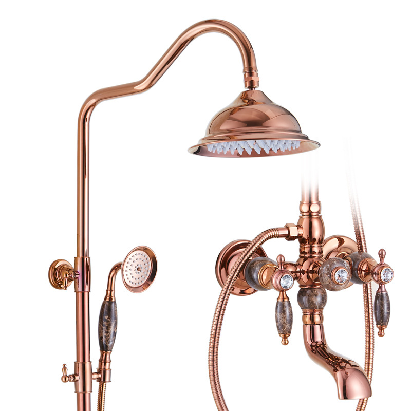 American-style all-copper natural jade rose gold shower head set, European-style antique retro hot and cold water faucet Item Picture