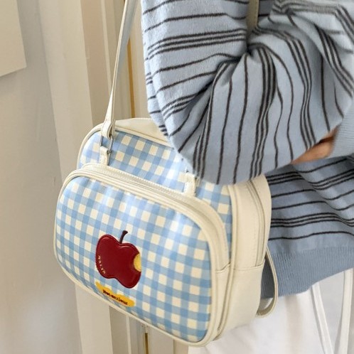 Niche makeup bag, large-capacity hand-held women's bag, fresh blue checkered single-shoulder bag, travel multi-functional and cute backpack Specification drawing