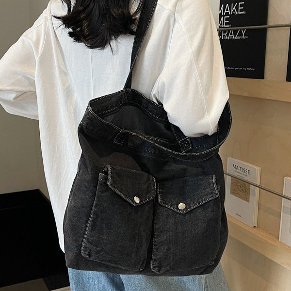 Large-capacity denim canvas bag for women, 2025 new style student schoolbag, travel handbag, commuting single-shoulder bag details Picture