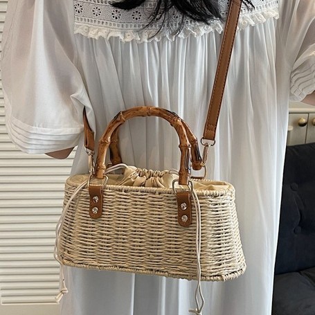 Drawstring casual hand-woven straw bag 2025 new summer, high-end and niche design, crossbody and hand-held shell bag Specification drawing