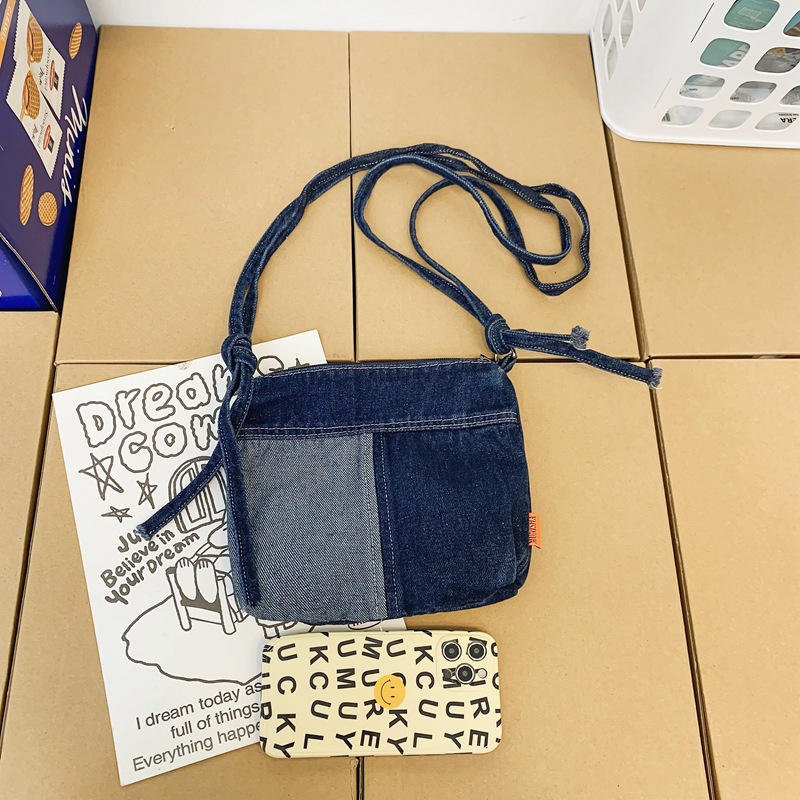 Washed denim canvas bag, women's ins single-shoulder bag, casual phone bag, mini bag, Korean version color-blocked crossbody bag Specification drawing