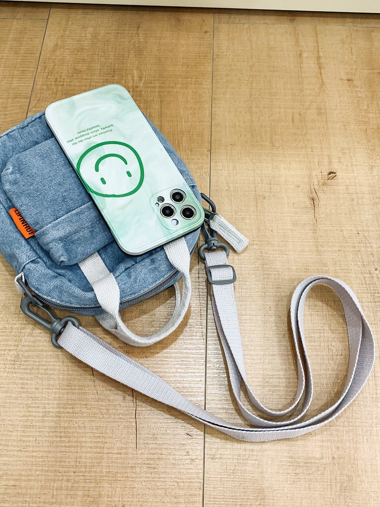 Denim small backpack, Japanese retro crossbody bag, solid color simple single-shoulder phone bag, casual summer small square bag Item Picture