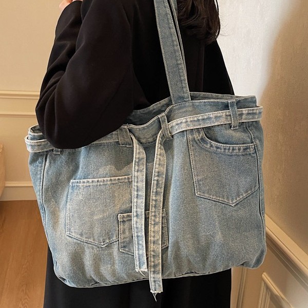 Single-shoulder bag washed double tote bag, casual design sense, shoulder bag with strap, ins fabric bag, versatile, trendy denim full figure