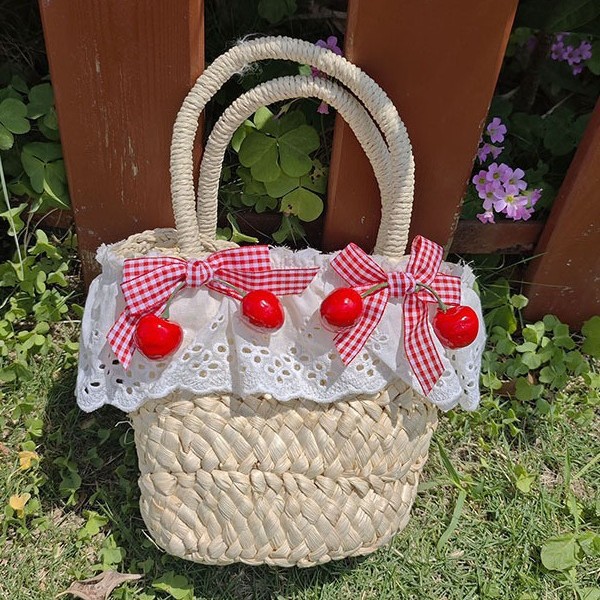Summer's new straw-woven girl's bag, bow lace flower forest-themed vegetable basket, sweet family outing beach bag Specification drawing