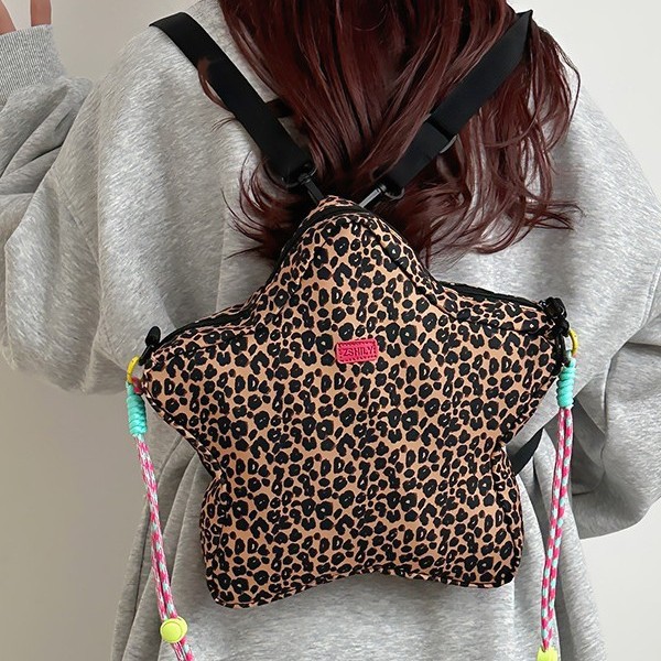 Personalized Star Backpack 2025 Spring New Style Korean Version fashionable leopard print single-shoulder bag for women Large capacity crossbody bag Specification drawing