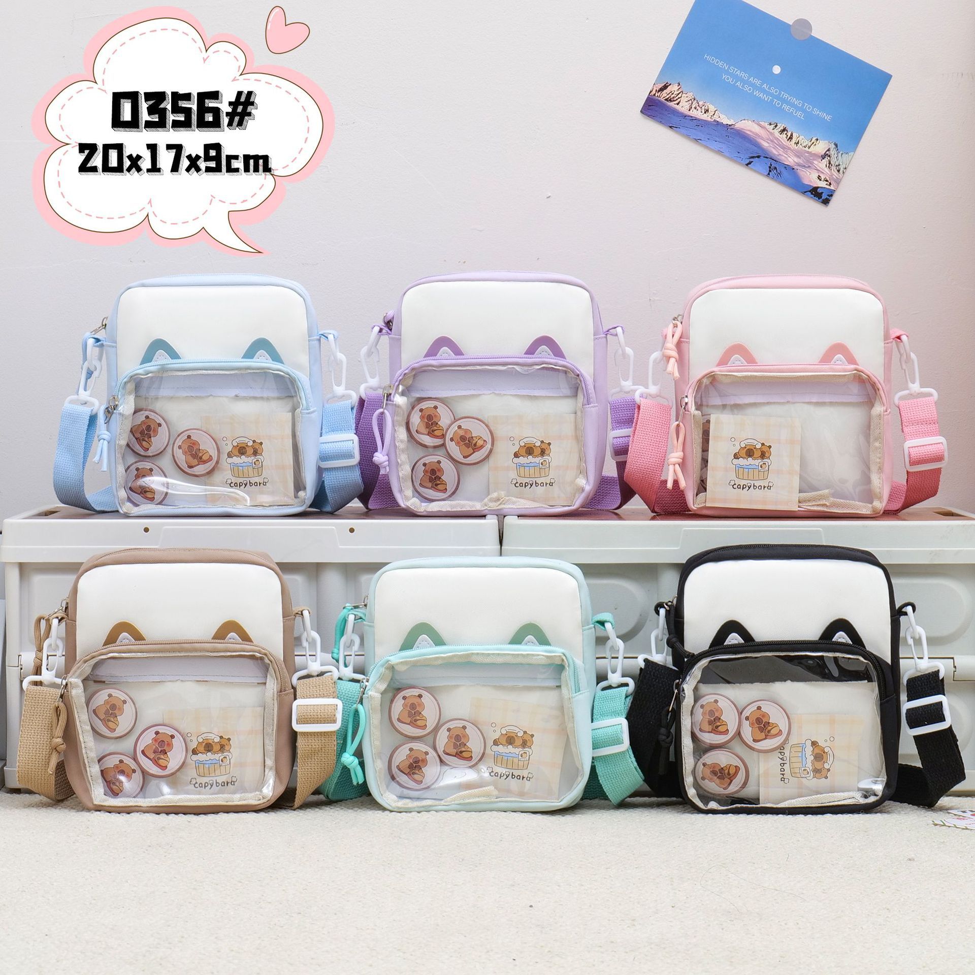 New children's single-shoulder bag with badge pain bag, cute cat-ear crossbody bag for girls, Harajuku style transparent smug bag Specification drawing