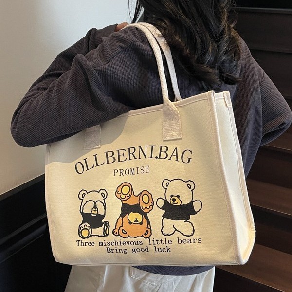 New bear canvas bag for portable work, small size, hand-held lunch bag, hand-held canvas bag, large-capacity travel bag Specification drawing