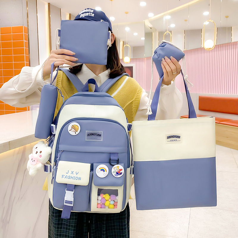 Five-piece set of Korean-style color-blocked and fresh school schoolbag, large-capacity nylon tutorial bag, backpack for primary and secondary school students, girls Application Scenario