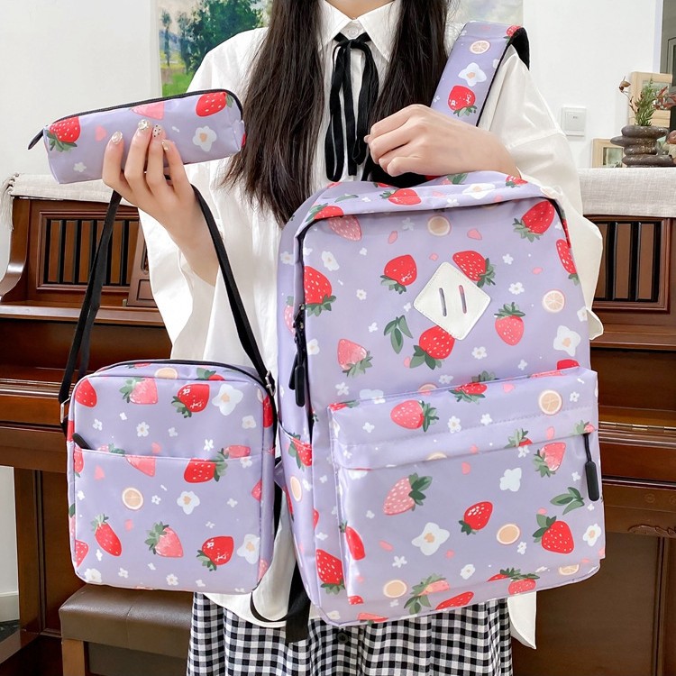 A new Korean-style versatile casual bag with a large capacity. It is a strawberry print backpack for primary, middle and high school students with a high level of appearance Specification drawing