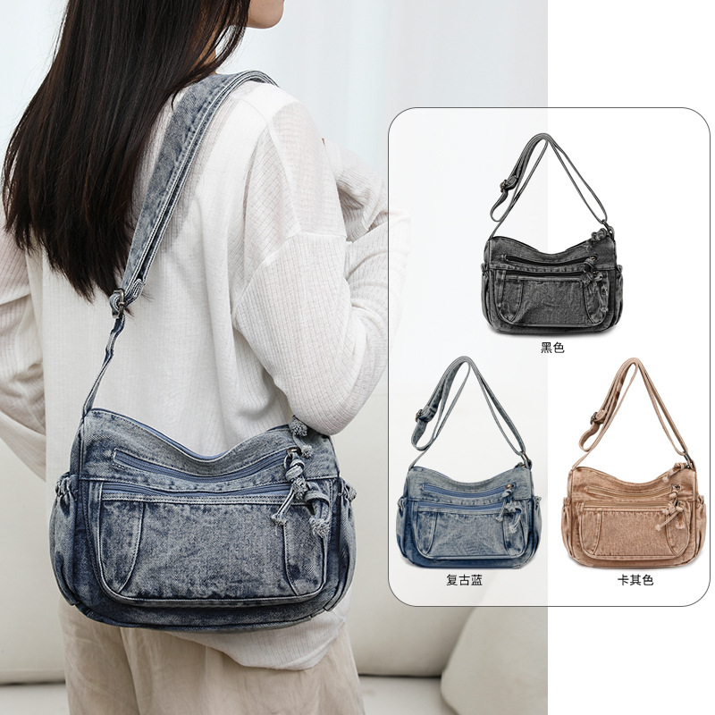 Retro denim single-shoulder bag for women, 2024 new laid-back style crossbody bag for casual travel, middle-aged lady mom bag full figure