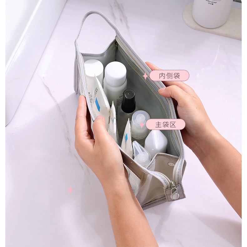 New ins twill waterproof toiletry bag, thickened portable triangular hand-held storage bag for business trips and travel cosmetics details Picture
