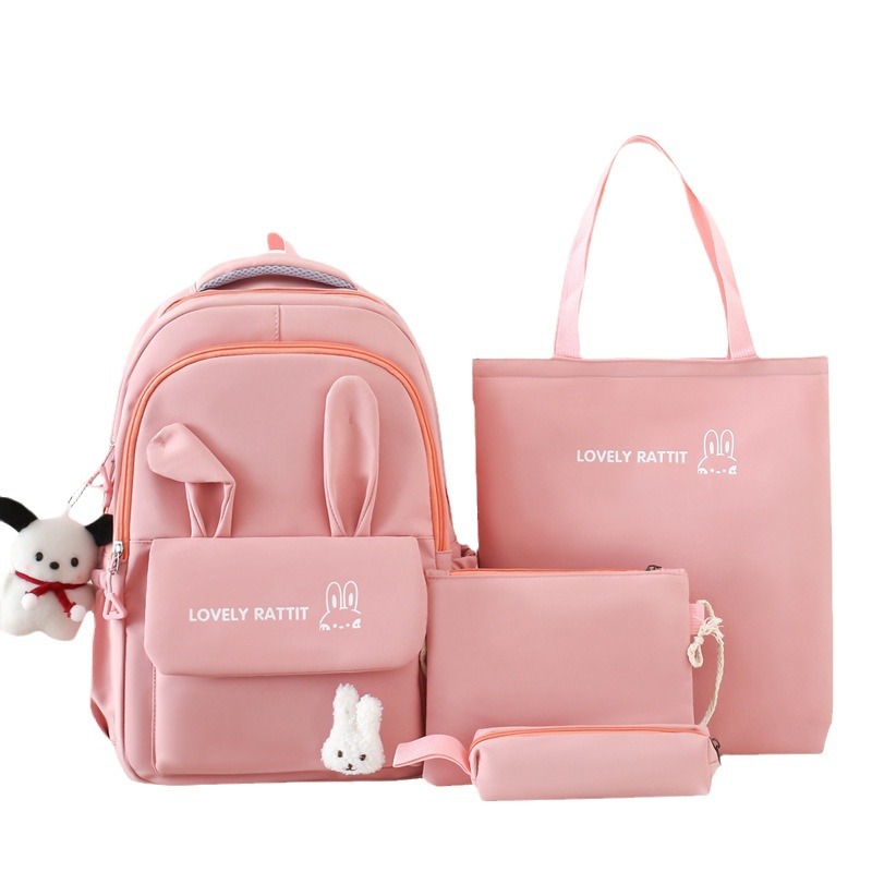 Cute and large-capacity backpack for primary school students, a backpack that reduces burden and protects the spine, a rabbit ear casual four-piece set for girls Item Picture