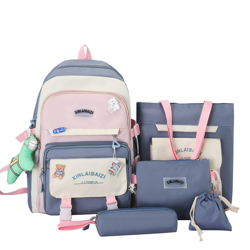 Schoolbag, birthday backpack for primary and junior high school students, large-capacity fashionable travel bag for girls, Korean version five-piece set bag Item Picture