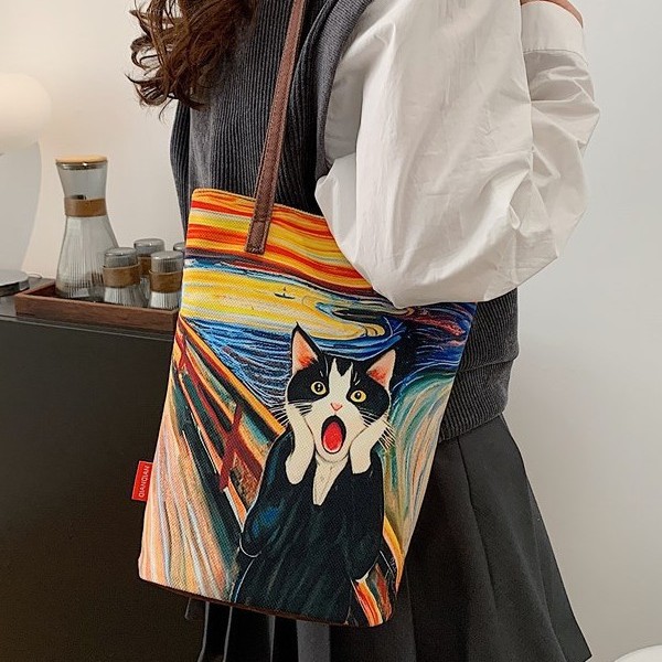 Printed cartoon fabric bag, Japanese-style single-shoulder bag, single-shoulder bag, tote bag, autumn and winter ins bucket bag, cute fabric details Picture