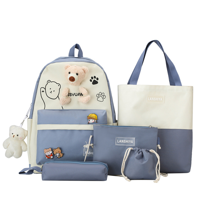 New five-piece schoolbag set, cute Korean bear doll for girls, junior high school campus backpack, canvas student backpack Item Picture