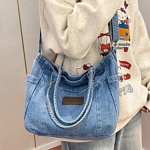 Artistic style double magnetic buckle single-shoulder bag, fabric bag, artistic Korean-style niche large bag, single-shoulder bag, denim crossbody bag Specification drawing