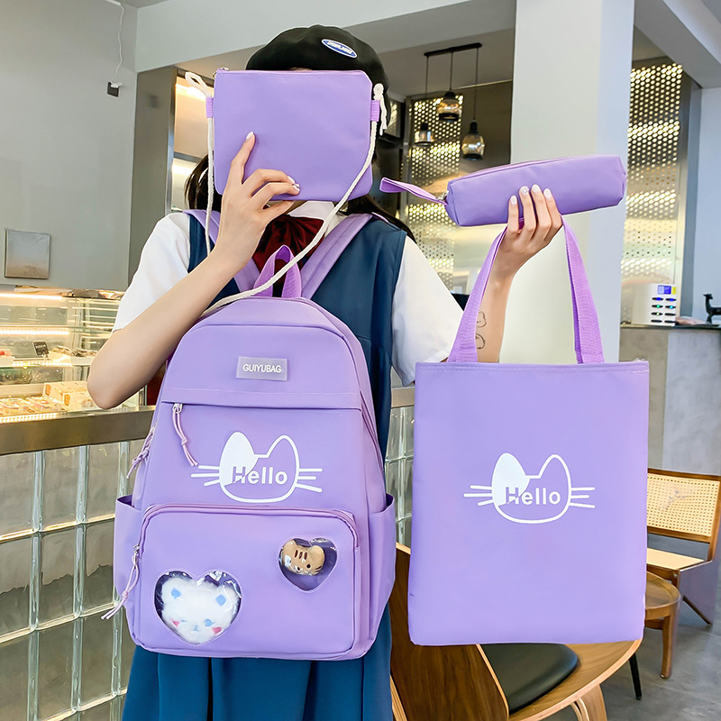 Wholesale of new large-capacity casual canvas backpacks for female middle school students in a Korean style with a fresh and cute cartoon design full figure