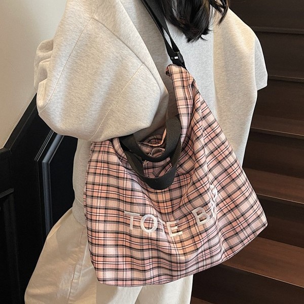 Canvas bag, shoulder bag, large-capacity women's retro new 2024 shopping bag, checkered bag, tote bag, versatile for commuting details Picture