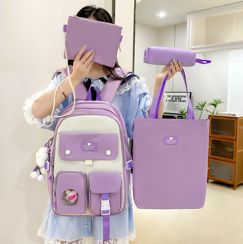 Campus four-piece set of schoolbag for junior high school students, a new Korean-style backpack with color contrast, and a large-capacity girls' backpack with reduced load Specification drawing
