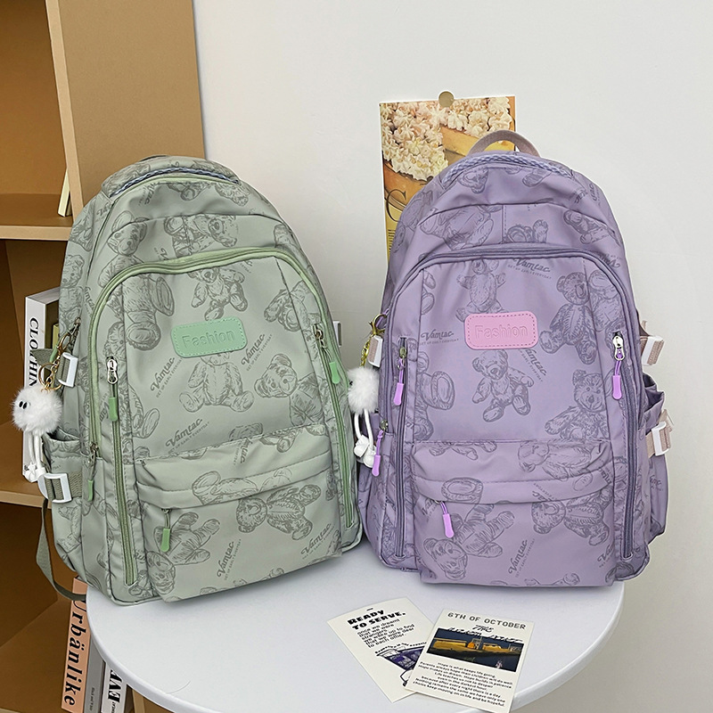 Large-capacity schoolbag for girls in high school, laid-back style, dirt-resistant, university campus class bag, ins bear nylon backpack Specification drawing