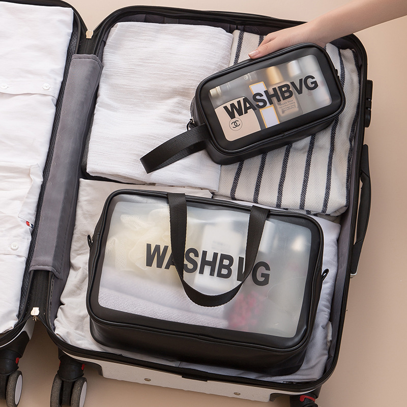 Simple hand-held large-capacity portable travel transparent toiletry bag, Pu waterproof matte makeup bag, cosmetics storage bag Application Scenario