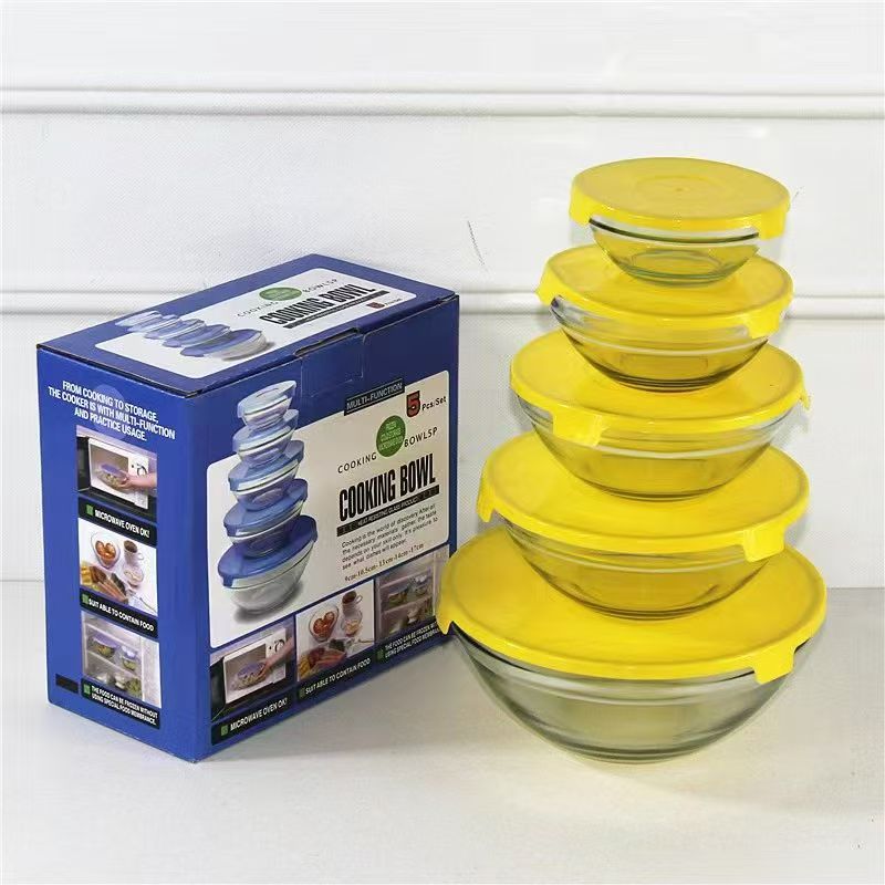 五件套玻璃保鲜盒 五色盖子玻璃碗五件套 彩盒盖子保鲜碗