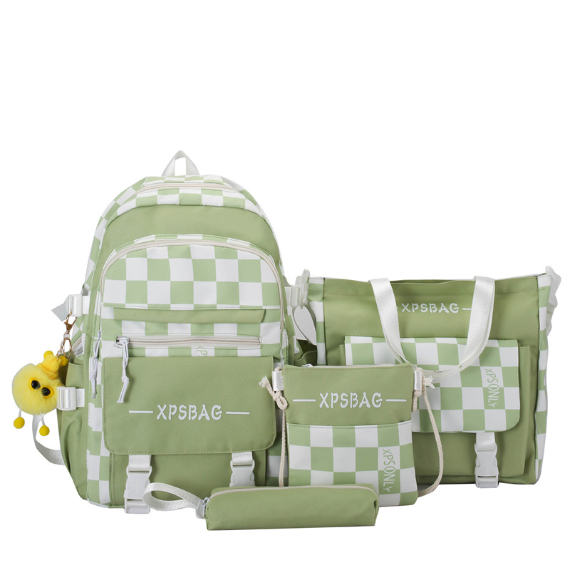 Wholesale of four-piece sets of cross-border Korean version casual backpacks for middle school students, large capacity checkered simple backpacks Item Picture