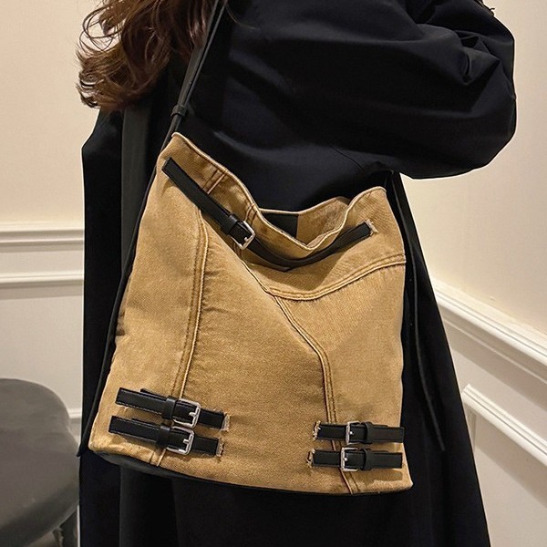 Cross-border large-capacity denim bucket bag for women, new retro commuter single-shoulder crossbody bag, casual hand-carry large bag full figure