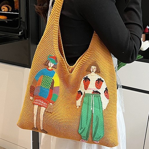 Cute and girlish rainbow bag, knitted bag, large-capacity tote bag, student vest bag, trendy woolen bag for girls full figure