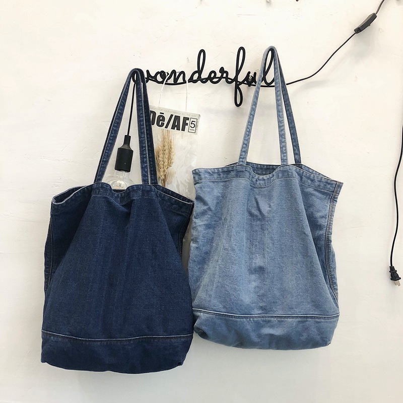 Japanese-style Korean version Harajuku denim canvas bag for girls, simple single-shoulder bag, large capacity, solid color, student hand-held cloth bag for class Specification drawing