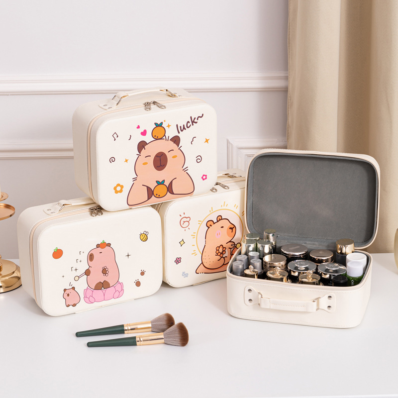 Capibala makeup box, large-capacity cosmetics, portable cute makeup bag, cartoon storage box, waterproof three-dimensional details Picture
