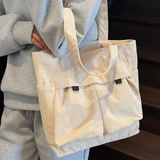 Cross-border spring new corduroy single-shoulder bag, versatile tote bag for women, Japan and South Korea, student commuting and casual handbag full figure