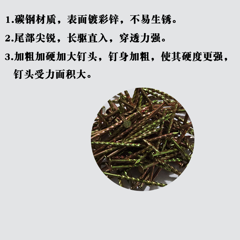 Anti-loosening colored zinc, yellow zinc, twisted wire, twisted nails, tray ring pattern nails, threaded floor nails, keel nails, iron nails, woodworking nails Application Scenario