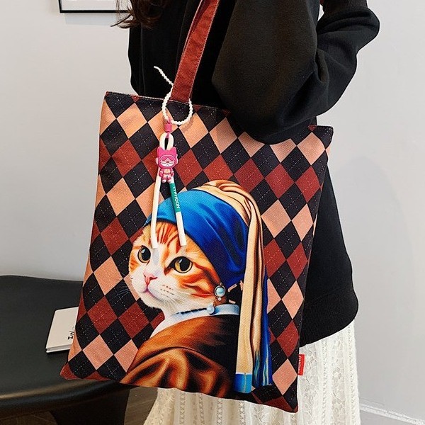 Cartoon single-shoulder fashionable shoulder bag, student tote bag, universal printed cute cat bag, internet-famous handbag, Korean version bag Application Scenario