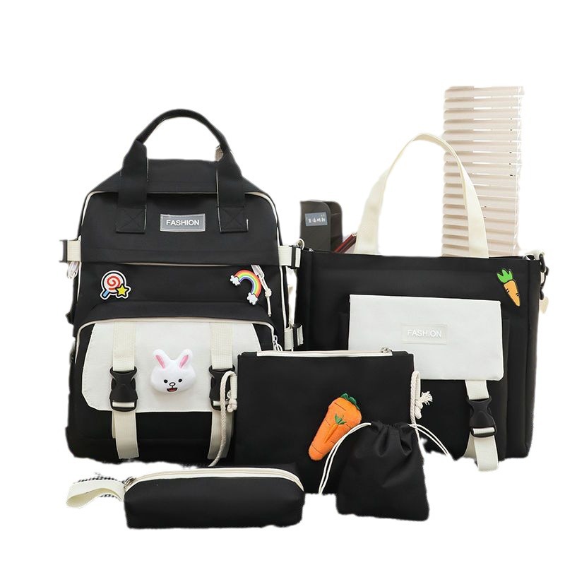 Five-piece schoolbag set for girls in Korean color contrast Harajuku, large-capacity hand-held backpack, lightweight for primary school students' shoulders, cross-border wholesale Item Picture