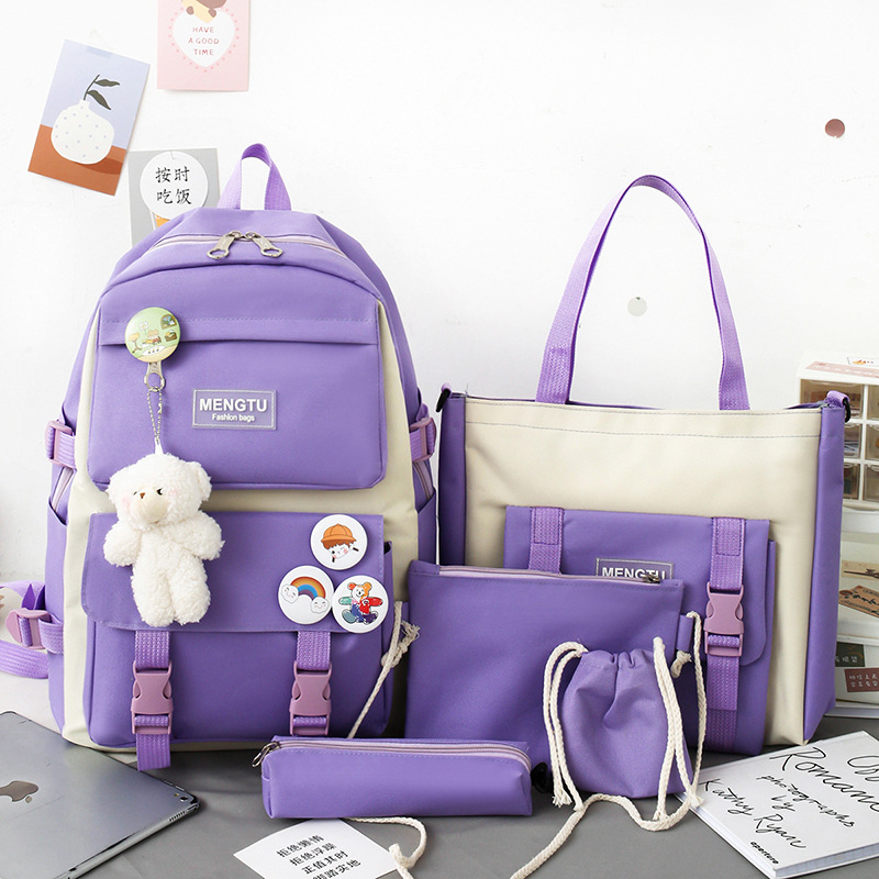 New ins schoolbag for girls, Korean version Harajuku style, large-capacity backpack, five-piece backpack set for girls, junior high school, senior high school and college students Specification drawing