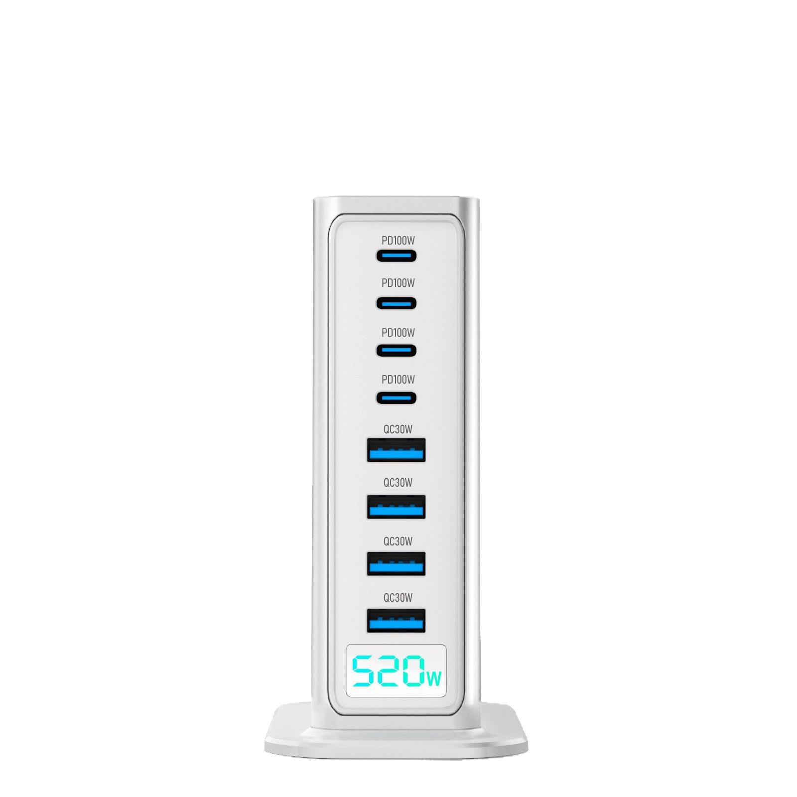 Cross-border private model bestseller: High-end 520W gallium nitride charger Fast charging head, 8-port desktop charging station, AI digital display Item Picture