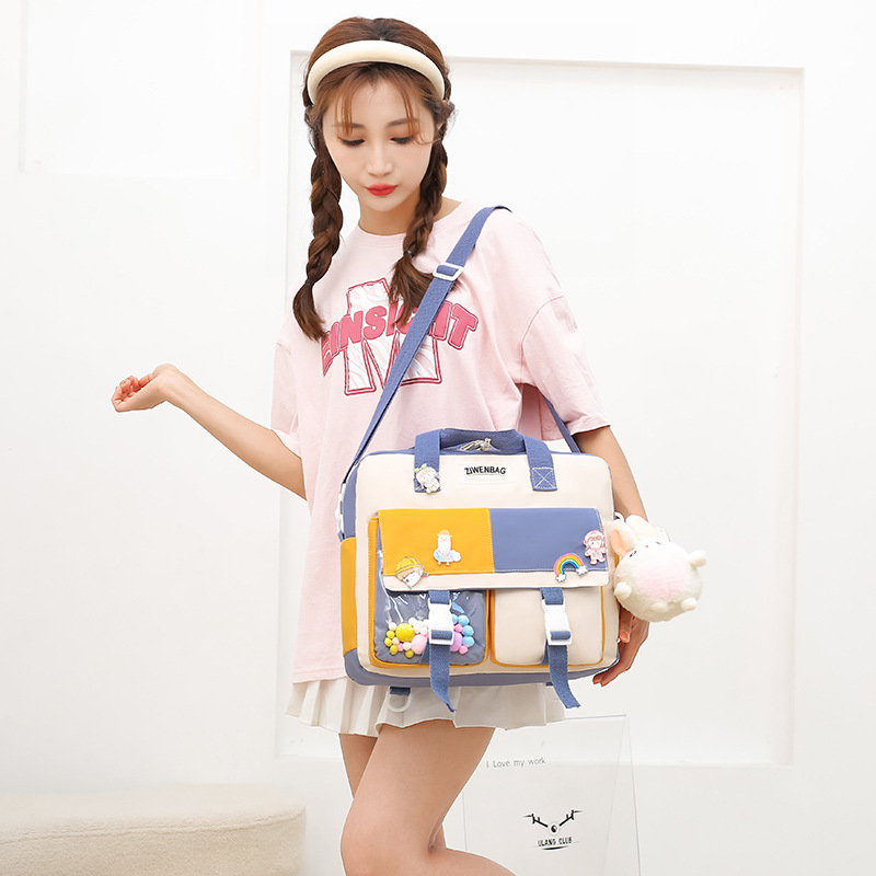 New color-blocking crossbody bag, hand-held schoolbag, cute Instagram forest-themed backpack for female students, large-capacity class bag Specification drawing