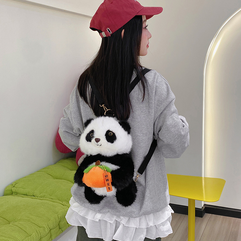 Cute panda doll crossbody bag, new persimmon panda plush doll backpack, versatile children's doll backpack Application Scenario